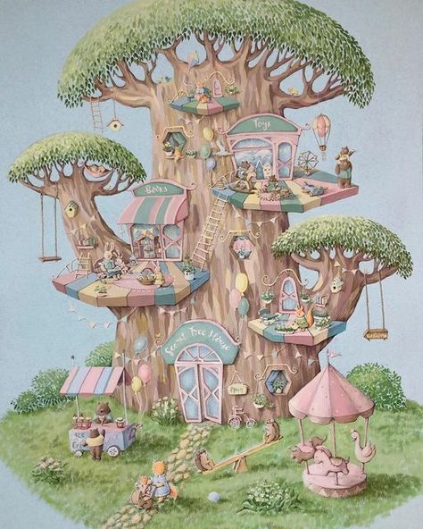 Storybook Art Illustrations, Whimsical Treehouse, Tree House Drawing, Village Drawing, Houses Art, Fairy Tree Houses, Fairy Paintings, Magical Tree, Storybook Art