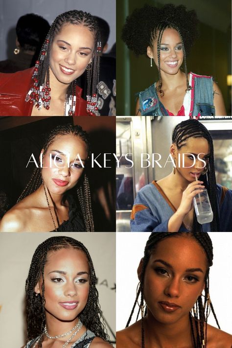 Alicia Keys inspired hairstyles, celebrity hair, curly hair hairstyles 90s Alicia Keys, Alicia Keys Aesthetic 90s, 90s Inspired Braids, Alicia Keys Early 2000s, Alicia Keys Curly Hair, Alicia Keys Ponytail, 90s Hairstyles For Curly Hair, Y2k Natural Hairstyles Black Women, Alicia Keys Braids 2000s