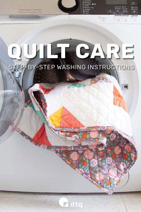 Looking for tips on how to wash a quilt? Is it better to wash it by hand or by machine? What is the best and fastest way to dry a quilt? Get all these questions on how to wash and dry a quilt answered in this quilt wash guide with step-by-step tutorials included. #dtq #dtqtutorials #quilthandwashing #quiltmachinewashing #quiltdrying #quiltwashinginstructions Wash Day Quilt Pattern, How To Wash Quilts, How To Wash Old Quilts, Washing Old Quilts, Cleaning Old Quilts, Homemade Quilt Basting Spray, Quilt By Hand, Hand Washing Machine, Cleaning Vintage Quilts