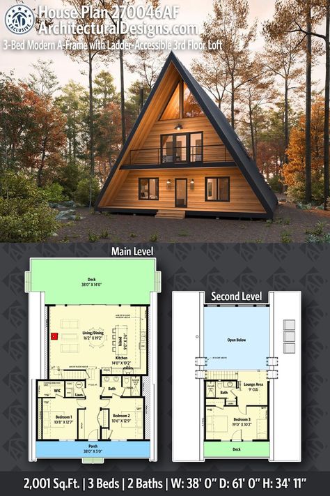 House Plan 270046AF gives you 2000 square feet of living space with 3 bedrooms and 2 baths 3 Bed 2 Bath A Frame, A Shape House Interior, Tiny House Village Plans, A Frame Family Home, 1000 Sq Ft Cabin Plans With Loft, 2 Bed 2 Bath A Frame, Trapper Cabin Plans, 1200 Sq Ft A Frame House Plans, 2 Floor Tiny House Plans