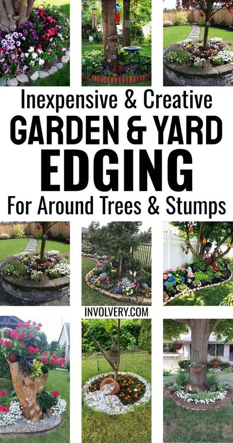 Garden Edging Ideas - Inexpensive DIY Borders For Landscaping Around Trees and Stumps In Your Yard - flower borders, rock borders brick stones, lawn edging ideas cheap, garden boarders ideas Edge Border Landscape, Rock Flower Beds Ideas, Diy Brick Landscape Edging, Flower Bed Borders Ideas, Tree Edging Ideas Front Yards, Edging Ideas For Flower Beds, Edging Around Trees Ideas, Landscape Borders Edging, Diy Flower Bed Border Ideas