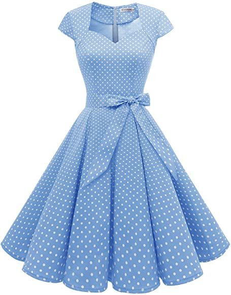 MuaDress Ladies' Vintage, 50s’, Rockabilly, Retro Dress, Elegant Pleated Skirt with Cap Sleeves - Light Blue Small White Dots, size: l: Amazon.de: Bekleidung Chic Dress Classy, Funky Dresses, Pleated Skirt Dress, Classy Outfits For Women, Frock Patterns, Designer Kurti Patterns, Women Dresses Classy, Classy Dress Outfits, Rockabilly Dress