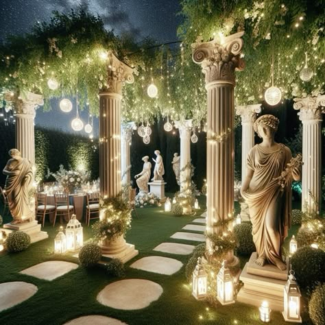 Ancient Theme Party, Greek Theme Wedding Decoration, Roman Greek Theme Party, Dinner And Dance Theme Ideas, Greek Bday Party, Ancient Greece Party Decorations, Greek God Prom Theme, Greek Centerpiece Ideas, Greek Themed Party Decorations