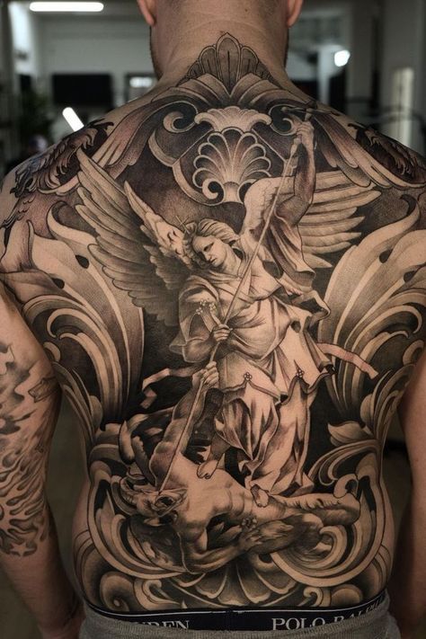 This beautiful black and grey back piece made in a realistic style that potraits the good vs evil. This amazing backpiece is made by a master in the style of black and grey realism, also know as @martinrothe. This piece is made at @ironandinktattoo studios in Vejle, Denmark. Evil Back Tattoo, Back Piece Tattoo Men, Angel Back Tattoo, Armor Of God Tattoo, Archangel Michael Tattoo, Black And Grey Realism, Cherub Art, Backpiece Tattoo, Archangel Tattoo