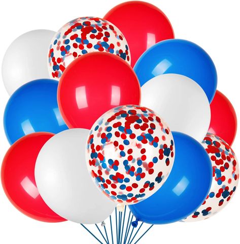 All-in-one party balloon packs: 20* blue latex balloons, 20* red latex balloons, 20* white latex balloons, 20* confetti balloons Perfect for party decorations: Our red blue white balloon set has widely use, it will give a different atmosphere for Graduation, Patriotic Anniversary,Flag Day,Holidays,4th July Party Decorations. These red white and blue balloons can also be used for Veterans Day, Veterans Homecoming Party, elections and any other patriotic celebrations to show your patriotism. Nautical Theme Party Decorations, Black And Gold Balloons, Nautical Themed Party, Transparent Balloons, Independence Day Decoration, White Confetti, Rainbow Balloons, July Birthday, Kids Party Supplies