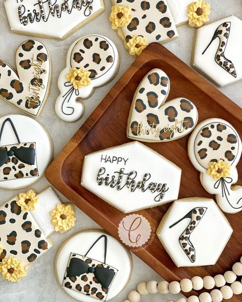 Leopard Print Cookies, Cookie Clothes, Cheetah Birthday, Cookie Birthday, Leopard Birthday, Happy Birthday Cookie, Girly Birthday, Cookies Birthday, Bridal Bachelorette Party