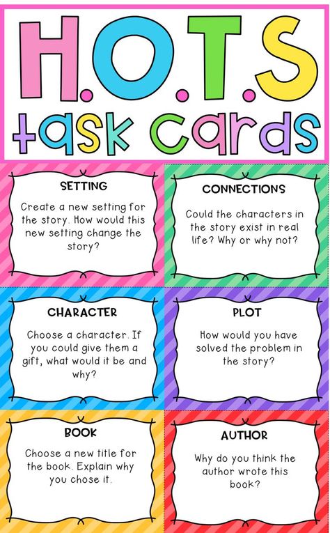 HOTS (higher order thinking) task cards. Get your kiddos’ higher thinking skills flowing with these HOTS Reading Task Cards. The pack includes 50 different activities which are split into the following themes: character, author, plot, setting, book and text connections. Encouraging higher level thinking is especially important in reading in order to ensure that students develop critical comprehension skills. These are not your ordinary reading task cards; no recall questions or other low-level a Reading Toolkit, Text Connections, Higher Order Thinking Questions, Reading Questions, Reading Task Cards, Higher Order Thinking Skills, Higher Level Thinking, Higher Order Thinking, 5th Grade Reading