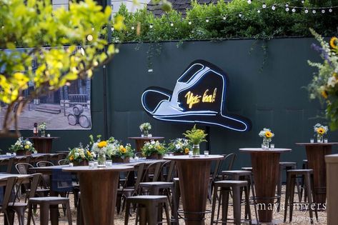 Rustic Event Decor Outdoor Parties, Modern Cowboy Party, Cowboy Hat Sign, Neon Cowboy Hat, Wild West Party Theme, Western Centerpieces, Country Western Parties, Neon Cowboy, California Cowboy