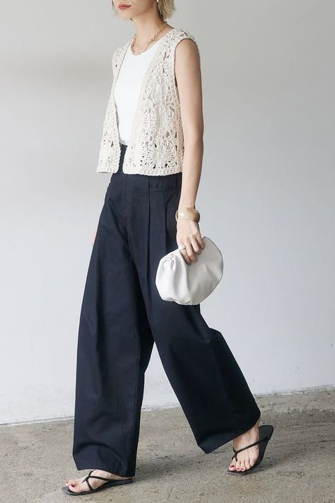 Lace Vest Outfit, Japan Fashion Summer, Wide Leg Denim Outfit, Japan Fashion Women, Iranian Women Fashion, Lace Vest, Vest Outfits, Japan Fashion, Fashion Spring