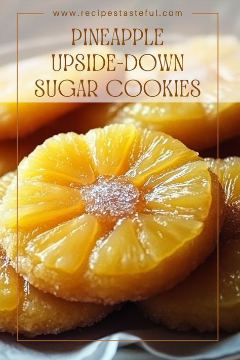 Delightfully tropical and fun, these Pineapple Upside-Down Sugar Cookies combine the classic flavors of pineapple upside-down cake with a soft, buttery cookie base. Topped with a caramelized butter-brown sugar mix, fresh pineapple, and a cherry, they make for a perfect dessert that’s sure to impress! Fresh Pineapple Recipes, Pineapple Cookies, Cookie Base, Strawberry Dessert Recipes, Pineapple Recipes, Fresh Pineapple, Tropical Twist, Buttery Cookies, Pineapple Upside