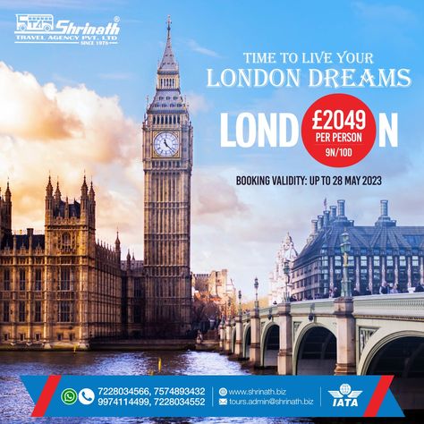 #LondonTour #London #ShrainthTravelAgency #IATAAccredited Time to live your 𝗟𝗢𝗡𝗗𝗢𝗡 𝗗𝗥𝗘𝗔𝗠𝗦 9N-10D London Tour Package @ £ 2049 per person on Double Occupancy Call Us @ 7228034566 / 7574893432 / 9974114499 / 7228034552 Booking Validity - up to 28 May 2023 #Travel #Tourism #TourPackage #TravelDeal #IATA #IATACertified #TravelAgent #TravelPlanner #CustomizedTours #familyvacation #HoneymoonPackages #CoupleTour #LondonEye #MadameTussaud #ThamesRiver #EdinburghCastle #BookNow Time To Live, London Dreams, London United Kingdom, Honeymoon Packages, Greater London, London Tours, Edinburgh Castle, Group Of Companies, River Thames