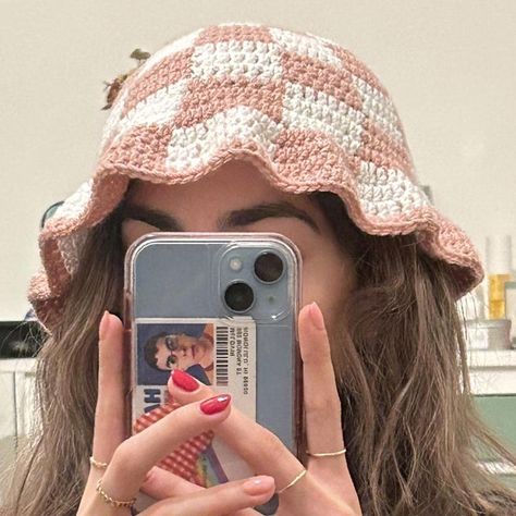 Crochet Checker print bucket hat Pink and... - Depop Crocheted Bucket Hat, Checkered Bucket Hat, Pink Bucket Hat, Crochet Bucket Hat, Checker Print, Blanket Yarn, Color Run, Urban Outfitters Women, Pink And White