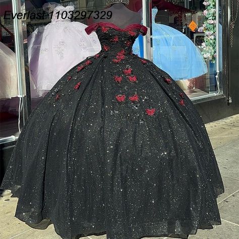 EVLAST Black Red Quinceanera Dress Ball Gown Lace Applique Beaded Crystal With Cape Mexico Sweet 16 Green And Black Quinceanera Dress, Black Quince Dress, Butterfly Quinceanera Dress, Quince Inspiration, Black Quince Dresses, Red Quinceanera Dress, Quinceanera Dresses Black, Black Quince, Dress Sweet 16