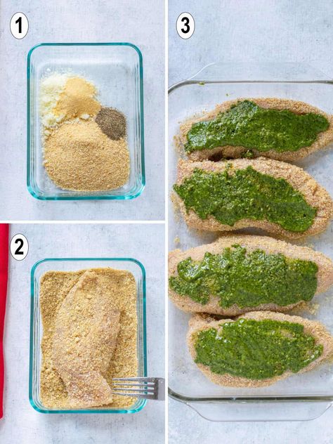 These Baked Pesto Chicken Breasts will be ready in less than an hour! You'll love this easy recipe for breaded, boneless chicken breasts topped with basil pesto. They turn out juicy and tender! Baked Pesto Chicken Breast, Pesto Chicken Tenders, Baked Skinless Chicken Breast, Chicken With Pesto Sauce, Pesto Chicken Breast, Baked Breaded Chicken, Chicken Cutlet Recipes, Baked Pesto Chicken, Chicken Pesto Recipes