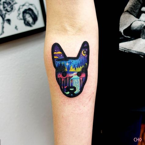 Dog and Landscape Tattoo by Chotattooer Temperance Tattoo, Colorful Tattoo Designs, Japanese Cartoon Characters, Portland Tattoo, Empire Tattoo, Colorful Tattoo, Tattoo Expo, Landscape Tattoo, Animal Shapes