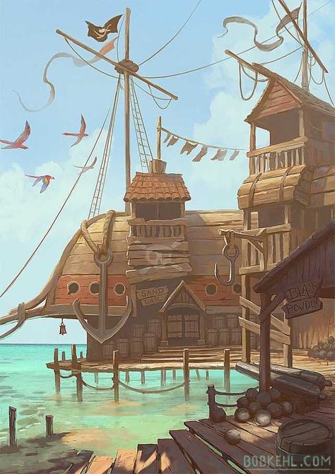 Talk with a pirate - random art - Imgur Bob Kehl, Pirate Island, Navi A Vela, Arte Steampunk, Pirates Cove, Sea Of Thieves, Pirate Art, Fantasy City, Fantasy Setting