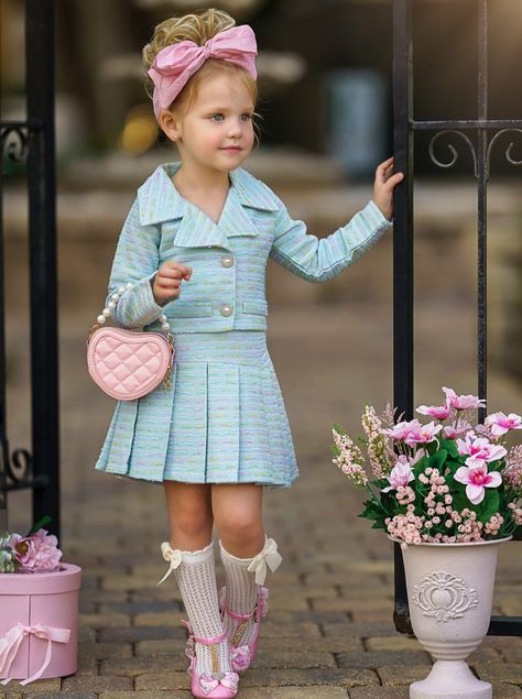 Cute Girl Outfits Kids, Kids Outfit Girl, Cute Preppy Outfits For School, Blazer And Pleated Skirt, Pleated Skirt Set, Child Clothes, Tweed Set, Toddler Flower Girls, Third Child