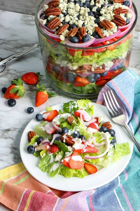 Plate of salad with fruit with trifle bowl filled with salad in the background. Layered Salads, Salad With Fruit, Blueberry Salad, Salad Inspiration, Trifle Bowl, Layered Salad, Trifle Recipe, Marathons, Trifle