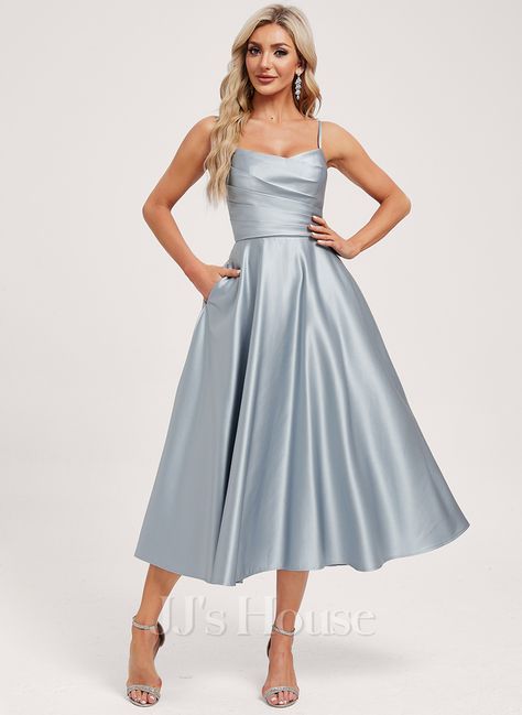 JJ's House A Line Midi Dress Formal, Ice Blue Dress, Teal Bridesmaid, Cocktail Dresses With Sleeves, Midi Bridesmaid Dress, Satin Bridesmaid Dress, Chiffon Cocktail Dress, Satin Homecoming Dress, Tulle Homecoming Dress