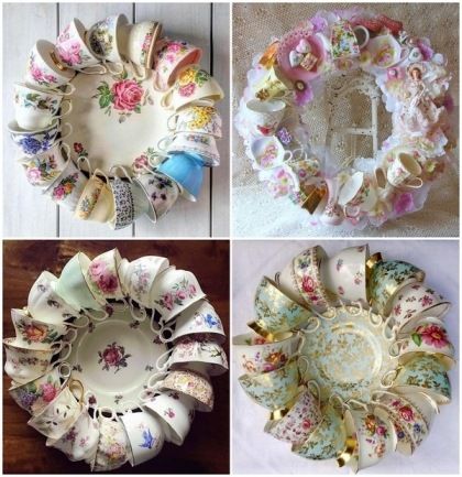 vintage teacups crafts ideas how to make a beautiful wreath Old Dishes Crafts Diy Projects, China Tea Cups Crafts, Tea Cup Wreath, Tea Cup Decor, Tea Cups Diy, Repurposed China, Cup And Saucer Crafts, Tea Cup Display, Bird Fountain