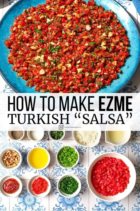 Ezme is a spicy Turkish salad or spread recipe made with tomatoes, spicy green peppers, and red pepper paste. Spoon it over Kebobs or use fluffy pita to scoop it up like a dip. Turkish Ezme Recipe, Turkish Pepper Paste, Turkish Dips, Ezme Recipe, Ezme Salad, Turkish Salad Recipes, Meze Recipes, Mediterranean Tomato, Mediterranean Diet Recipes Breakfast