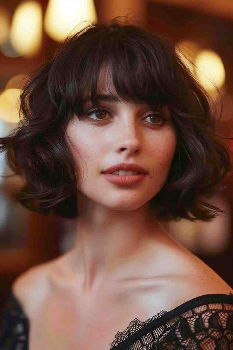 The Best Bob Haircuts & Hairstyles of 2024 Wavy Blowout Short Hair, Medium Wavy Bob With Bangs, Wavy Short Bob Hairstyles, Cowgirl Bob Hair, Wavy Bob Hairstyles With Bangs, Wedding Hair Bob, Short Wavy Hair Bangs, Wavy Bob With Curtain Bangs, Wavy Bob With Fringe