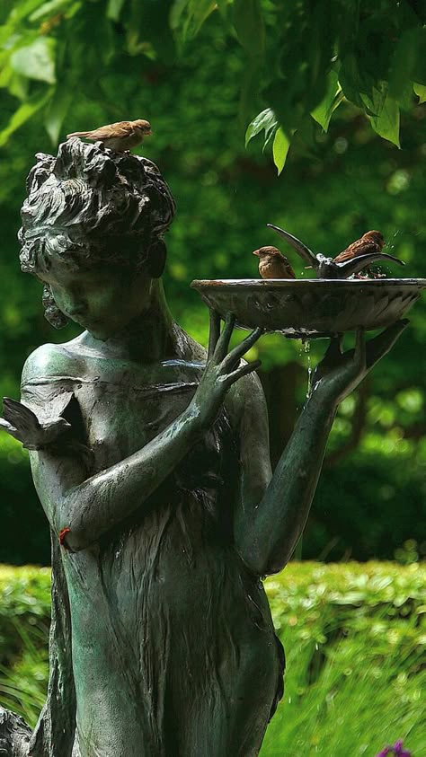 Fairy Statues Garden, Statues With Plants, Garden Sculptures & Statues, Statutes In Garden, Statue In Garden Aesthetic, Overgrown Statue Aesthetic, Statue Covered In Vines, Garden Goddess, Statue Garden