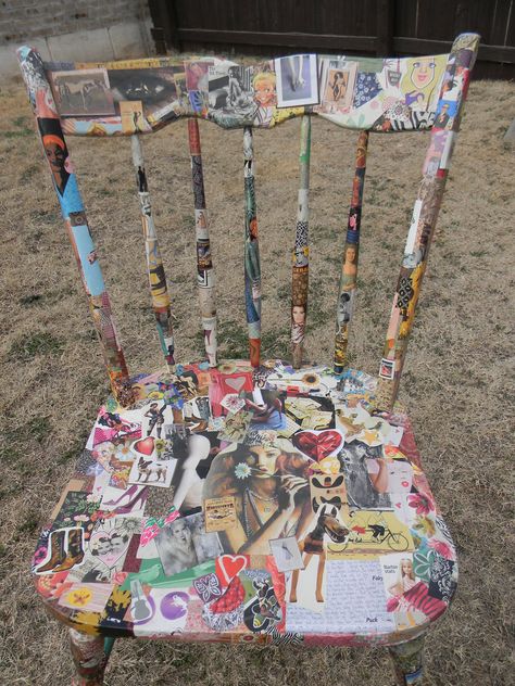 collage chair Chair Collage, Collage Furniture, Collage Sculpture, Decoupage Furniture, Old Chair, Decoupage Ideas, Modge Podge, Painted Chairs, Art Chair