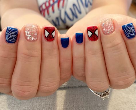 Spiderman nails. Spiderman gel nails. Hand painted nails. Gel mails. Blue nails. Red nails. Themed nails. Short nails. Summer nails. Natural nails. Square nails. Birthday nails. Spiderman Nails Short Simple, Spidey And His Amazing Friends Nails, Marvel Theme Nails, Miles Morales Nail Art, Spiderman Nails Designs Easy, Spiderman Gel Nails, Marvel Nails Short, Spiderman Manicure, Short Nails Spiderman