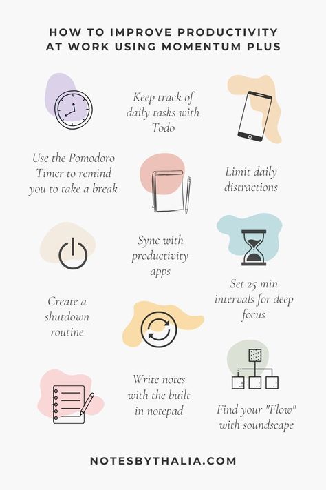 Improve productivity using momentum plus; remind you to take a break, keep track of daily tasks with todo, limit daily distractions and mindless browsing & create a shutdown routine; black text on an off-white background with hand-drawn icons and coloured shapes. Apps For Time Management, Time Management Aesthetic, Slow Productivity, Apps For Productivity, Best Productivity Apps, Podcast Covers, Time Management Activities, Time Management Apps, Stop Procrastination
