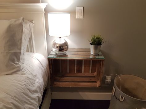 Crate Bedside Floating Table. Floating Crate Nightstand, Crate Bed Side Table, Wood Crate Floating Nightstand, Crates As Bedside Tables, Diy Crate Nightstand, Floating Crate Shelves, Diy Bedside Shelf, Wooden Crate Bedside Table, Crate Upcycle