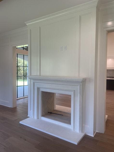 Large White Fireplace, Timeless Transitional Home, Fireplace Mantle Design Ideas, Corner Bedroom Fireplace, Tv On Opposite Wall Of Fireplace, Colonial Fireplace Mantle, Tongue And Groove Fireplace Wall, Primary Bedroom With Fireplace, Fireplace Bump Out Wall