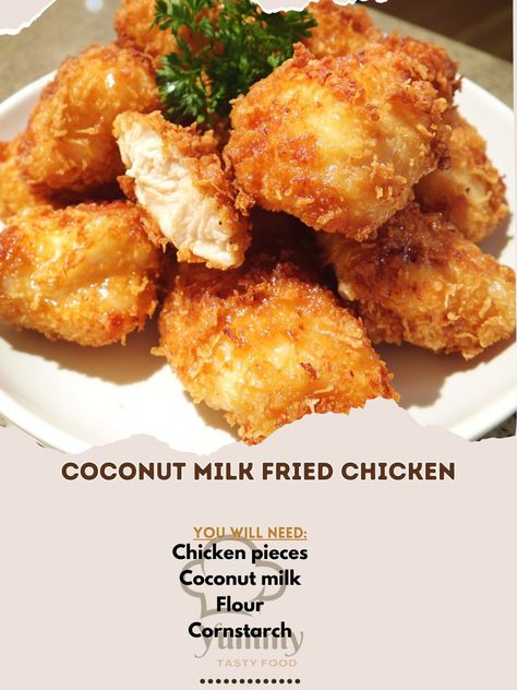 🍗 "Try Coconut Milk Fried Chicken—a crispy, flavorful twist on your favorite fried chicken. A must-try for any meal! 🥥🍗 #CoconutFriedChicken #CrispyDelight" Coconut Milk Fried Chicken Ingredients: Chicken pieces (1 kg) Coconut milk (1 cup) Flour (1 cup) Cornstarch (1/2 cup) Garlic powder (1 tsp) Onion powder (1 tsp) Paprika (1 tsp) Salt (to taste) Pepper (to taste) Oil (for frying) Instructions: Marinate chicken in coconut milk for at least 2 hours. Mix flour, cornstarch, garlic powder, o... Coconut Milk Fried Chicken, Coconut Fried Chicken, Furikake Chicken Recipe, Chicken In Coconut Milk, Easy Delicious Chicken Recipes, Fried Chicken Ingredients, Coconut Milk Chicken, Marinate Chicken, Coconut Milk Recipes