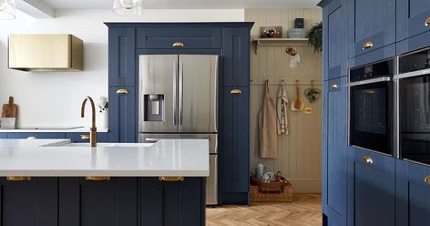 The Kent Nest - Statuario Ice | Inspiration Gallery | Gemini Worktops Hague Blue Kitchen, Royal Kitchen, White Worktop, Kitchen Island With Sink, Navy Kitchen, Sink In Island, Free Kitchen Design, Kitchen Prices, Blue Kitchen Cabinets