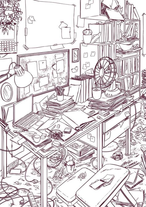 Messy writer's room drawing Instagram -@mamee_ini Library Room Reference Drawing, Bookshelf Perspective Drawing, Cluttered Bedroom Drawing, Messy Room Drawing Reference, Detailed Room Drawing, Messy Room Painting, Drawing Room Reference, Cluttered Desk Drawing, Vintage Room Drawing