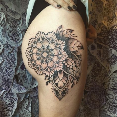 floral mandala tattoo © marine_ishigo_tattoo Mandala Tattoo Hip, Mandala Tattoo Buttocks, Mandala Flower Back Tattoo, Thigh Mandala Tattoo, Mandala Flower Tattoos Thigh, Mandala Flower Hip Tattoo, Mandala Hip Tattoo, Mandala Arm Tattoo, Floral Mandala Tattoo