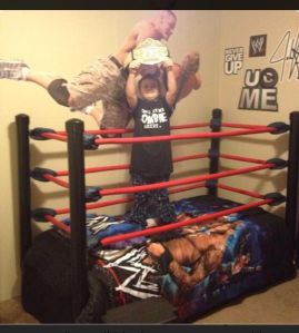 WWE Wrestling Bed DIY under $100! – Wood'n Hooks Wrestling Ring Bed, Diy Wwe, Wwe Bedroom, Wrestling Room, Old Bed Frames, Boxing Ring, Bed Steps, Sport Bedroom, Wwe Elite