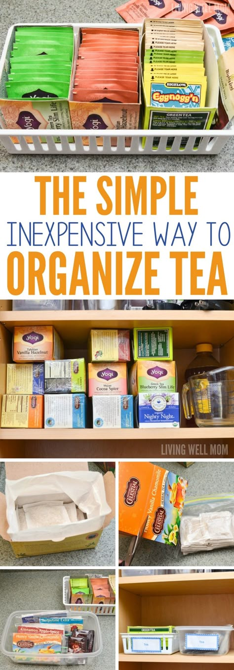 Not sure how to sort those tea bags in your cupboard? Here’s the simple, inexpensive way to organize tea! Tee Organisation, Organized Apartment, Plastic Bag Storage, Diy Storage Ideas, Tea Organization, Room Storage Diy, Kitchen Storage Hacks, Tea Station, Organized Pantry