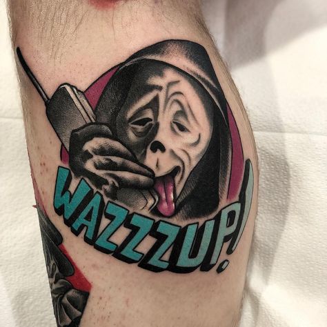 Scary Movie tattoo by @devincoley, who has upcoming dates in Allentown, Scranton, Jacksonville, Baltimore, Tahoe, & Dallas. For additional… Scary Movie Tattoo Design, Tattoo From Movies, Scary Movie Tattoos Ideas, Scary Tattoos For Men, Scary Movie Tattoos Sleeve, Tattoo Movie, Halloween Movie Tattoos, Horror Tattoo Ideas, Scary Tattoo Ideas