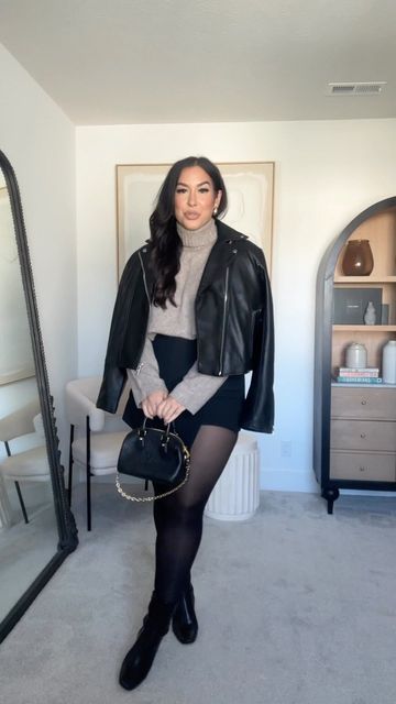 BONNIE WYRICK on Instagram Black Shorts Tights Outfit, Black Skort Outfit Winter, Black Skirt Outfit Midsize, Black Mini Skirt Autumn Outfit, How To Style A Skort, Bonnie Wyrick, Black Mini Skirt Midsize, Mini Skirt Midsize Outfit, Black Mini Skirt Cardigan