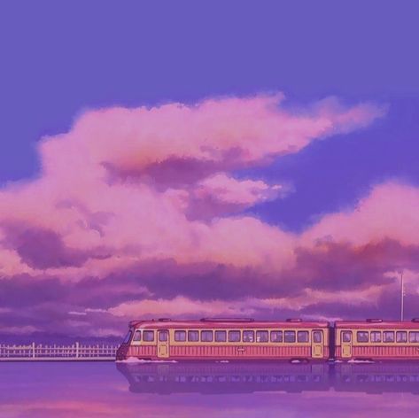 Purple Ghibli Aesthetic, Pink And Purple Widget, Anime Train Aesthetic, Ghibli Purple, Anime Train, Train Aesthetic, Purple Anime, Futurism Art, Sky Anime