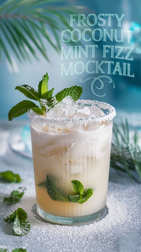 "Discover the ultimate Frosty Coconut Mint Fizz Mocktail Recipe, a refreshing beverage perfect for summer! This delightful coconut mocktail combines the vibrant flavors of mint and coconut for a tropical twist. Ideal for non-alcoholic drinks lovers, this mint fizz recipe is a must-try for your next gathering. Enjoy this easy-to-make summer mocktail and elevate your tropical drink ideas with this irresistible blend!" Coconut Punch Non Alcoholic, Birthday Drink Ideas Non Alcoholic, Non Sweet Mocktail, Mocktail With Mint, Irish Drinks Non Alcoholic, Coconut Milk Alcoholic Drinks, Hop Water Mocktail, Frozen Mocktails Non Alcoholic, Coconut Mocktail Recipes