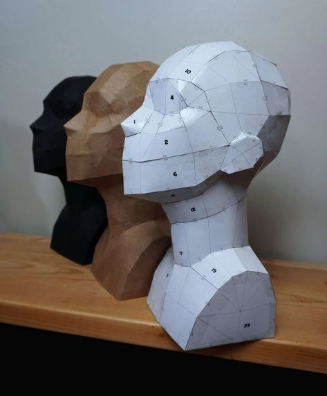 paper-mache-mannequin-head-1 Cardboard Sculpture Ideas, Cardboard Mannequin, Musical Theater Costumes, Paper Mask Diy, Cosplay Templates, Cardboard Art Sculpture, Sculpture Portrait, Foam Props, Cardboard Mask