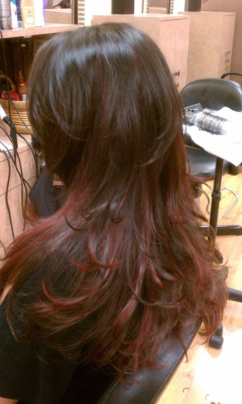 Red Under Highlights, Red On Brown Hair Highlights, Cherry Brown Highlights In Brown Hair, Long Brown Hair With Red Highlights, Partial Highlights Red, Dark Brown And Red Highlights, Partial Red Highlights In Brown Hair, Red Tip Hair Brown, Red Partial Highlights