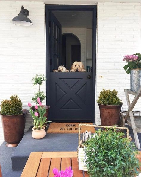 Where We Got Our Dutch Doors + FAQ - The Inspired Room Farmhouse Exterior Paint Colors, Dutch Doors Exterior, Space Saving Doors, Dutch Doors, Concrete Paint, Kabinet Dapur, Door White, Brick Stone, Door Entry