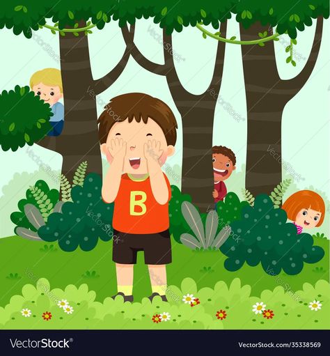 Children playing hide and seek vector image Hide And Seek Drawing, Children Playing Drawing, Hide And Seek Illustration, Seek Wallpaper, Sports Day Decoration, Hindi Rhymes, Class Drawing, Rhymes For Kids, Children Playing