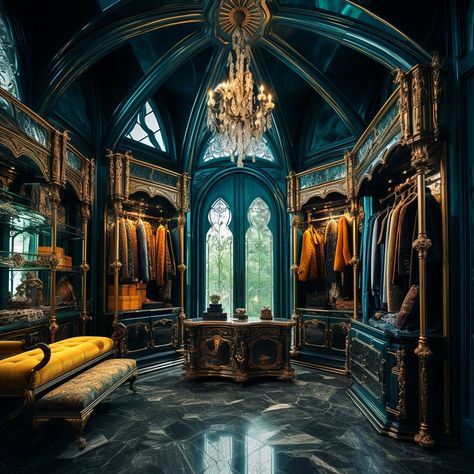 Teal Walk In Closet, Walk In Closet Victorian, Fantasy Walk In Closet, Gothic Walk In Closet, Victorian Walk In Closet, Gothic Style Bedroom, Victorian Closet, Luxurious Walk In Closet, Teal Room