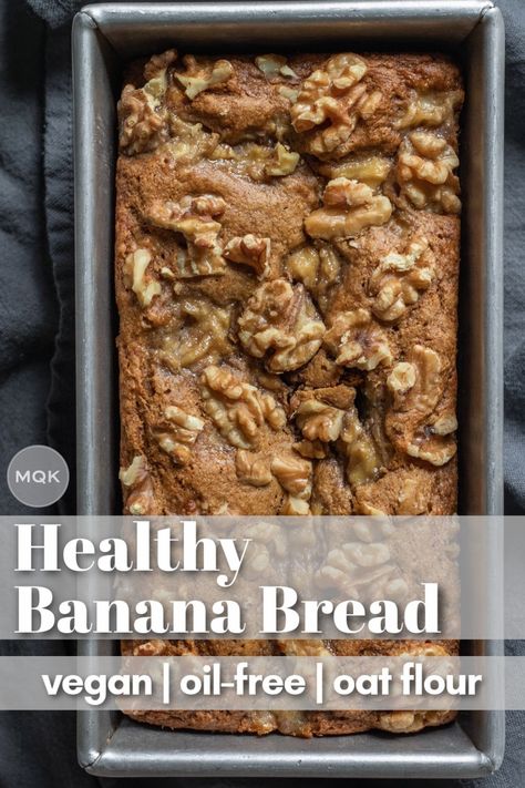 Easy and wholesome vegan banana bread. So tender and just sweet enough. #oatflour #veganbananabread #oilfree #wfpb Killer Cake, Wfpbno Recipes, Wfpb Breakfast, Oat Flour Banana Bread, Banana Bread With Oil, Ella Vegan, Vegan Banana Bread Easy, Banana Oat Bread, Sugar Free Banana Bread