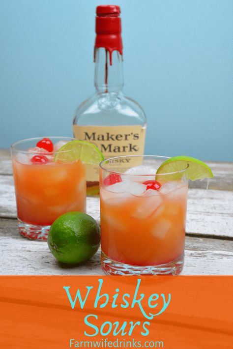 Whiskey Sours is limeade and whiskey combine and stirred in with a smidge of orange juice and grenadine. #Whiskey #Whisky #WhiskeySours #Cocktails #Cocktail Makers Mark Cocktails, Whiskey Sour Punch, Whiskey Sour Recipe, Liquid Lunch, Cocktail Recipes Whiskey, Whisky Sour, Bourbon Drinks, Gentleman Jack, Drinks Alcohol