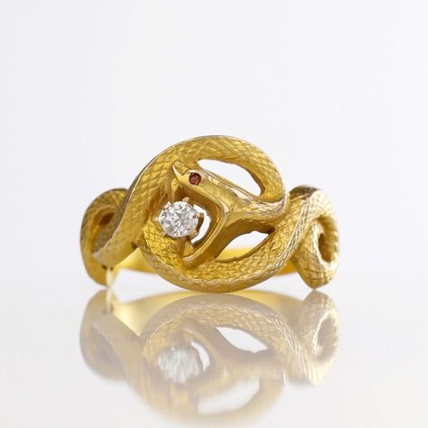 Art Nouveau Snake Ring Old Cut Diamond Bloomed Gold Muriatic Acid, Potassium Nitrate, Serpent Ring, The Ring Face, Snake Jewelry, Snake Bracelet, Snake Ring, Gold Snake, European Cut Diamonds